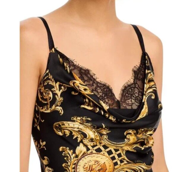 L'AGENCE Venice Baroque Silk-Satin Lace-Trim Cowlneck High Slit Gown sz 6 - Picture 3 of 3